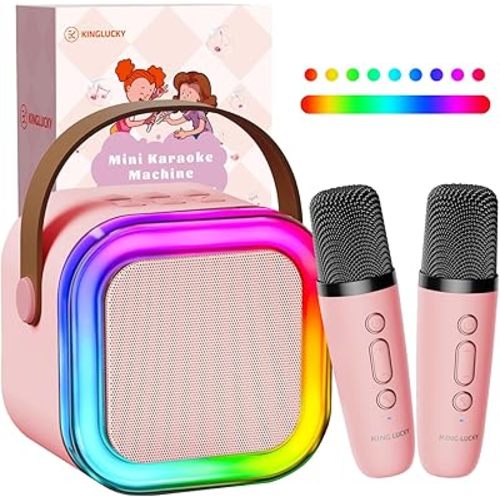 TOP Mini Karaoke Machine for Kids (with 14M+ Songs), Christmas Birthday Gifts Ideas for Girls Toy Ages 3-12+, Portable Bluetooth Speaker with 2 Wireless Microphones - Pink