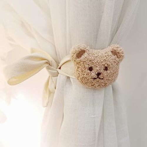 2 Pack Cute Curtain Tiebacks Cartoon Bears Embroidered Animal Shape Bedroom Accessories(Beige)