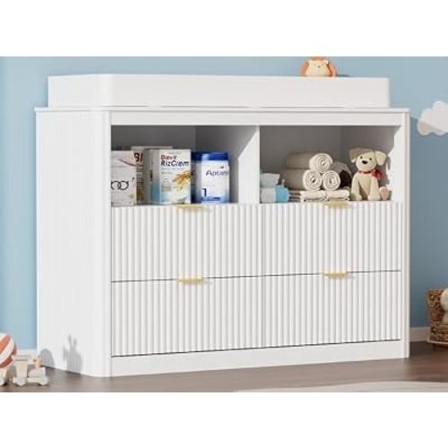 Nursery Dresser, 4 Large Drawers Wood Baby Changing Dresser with Raised and Detachable Changing Table Top, Fluted Chest with Gold Handles, Baby Storage Organizer for Kids Bedroom, Nursery Room, White