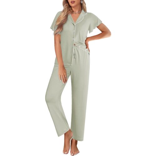 Ekouaer Pajamas for Women Set Button Up Sleepwear Cute Pjs Ruffle Sleeve Notch Collar Loungewear with Long Pants S-XXL