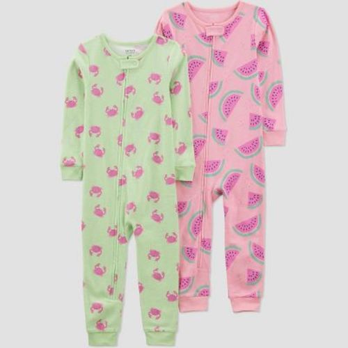 Carter's Just One You® Toddler Girls' 2pk Cotton Snug Fit Watermelon and Crabs Footed Pajama - Green/Pink 2T: Lightweight, Long Sleeve