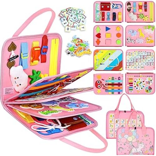 Esjay Toddler Busy Board Montessori Toys for Girls, Sensory Board Educational Activities for Learning Fine Motor Skills, Birthday Gifts for Girls Toddlers, Travel Toys for Airplane Car, Fairy Horse