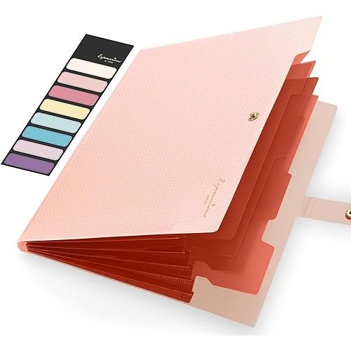 Sooez Expanding File Folder, Letter Size Accordion File Organizer, 5 Pocket Folders for Documents, Cute Folder with Labels, Portable Paper Organizer for School Office Supplies, A4 Size, Peach