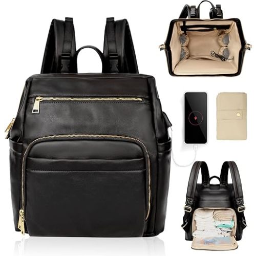 Omanmoli Diaper Bag Backpack Leather Large Baby Diaper Bag Essentials With 18 Organizing Pockets,6 Insulated Pockets,USB Charging Port,Stroller Straps,Changing Pad (Black)