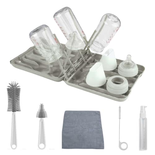 7in1 Travel Bottle Cleaner Kit: Baby Travel Essential - Bottle Brush Set with Silicone Bottle Brush, Straw Brush, Nipple Brush, Soap Dispenser - Bottle Cleaning Brush Set, Bottle Drying Rack (Grey)