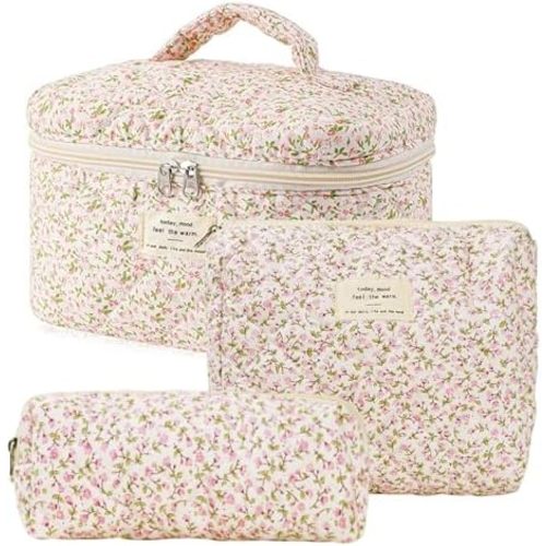 3 Pcs Cotton Quilted Makeup Bag Set, Floral Cotton Cosmetic Bag, Aesthetic Toiletry Travel Organizer Bag for Women(Little Pink Flower)