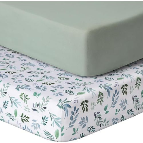 Baby Crib Sheets for Boys Girls, 2 Pack Fitted Crib Sheet for Standard Crib and Toddler Mattress, Soft Microfiber Baby Sheet 52x28x8in (Leaf & Green)