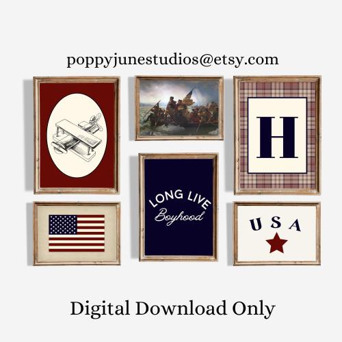 Vintage Americana Nursery Gallery Wall, Transportation Bedroom, Classic Americana, American Heritage Bedroom Wall Art, American Flag Art
