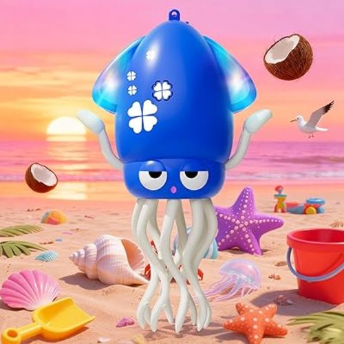 SWTOIPIG Interactive Dancing Octopus Toy,LED Light-Up Music Crawling Squid with Smart Obstacle Avoidance & Fishing Rod,Tummy Time Baby Toy (Blue)