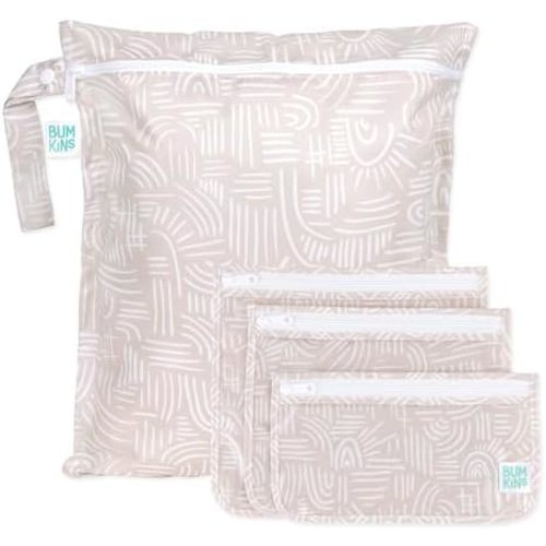 Bumkins Waterproof Wet Bag and Packing Pouches, TSA Airline Compliant, Pack for Baby, Travel, Swim Suit, Cloth Diapers, Pump Parts, Pool, Gym Clothes, Toiletry, Daycare, 4-pc Set Boho Beige