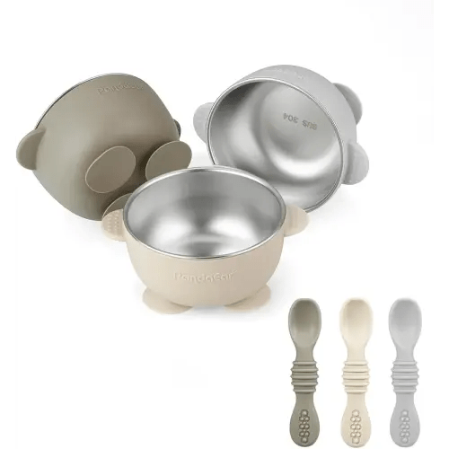 PandaEar 3 Pack Stainless Steel Suction Baby Bowls & 3 Baby Feeding Spoons | Non-Slip Stay Put Bowls & Soft Silicone First Stage Spoons for Toddlers, BPA-Free Baby Led Weaning Set (Linen Brown Grey)