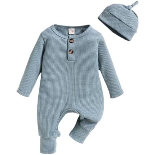Infant Boys Girls Clothes Set Newborn Baby Romper Hat Ribbed Knit Long Sleeve Button Solid Bodysuit Jumpsuit