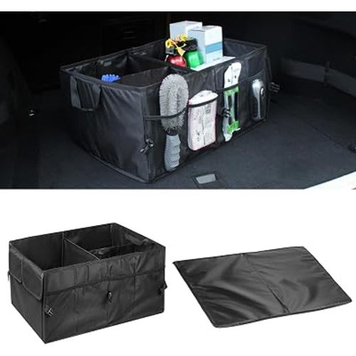 Car Trunk Organizer, Waterproof Adjustable Vehicle Storage Box, Automotive Collapsible Multi Compartment Organization Container Accessories, Universal for SUV, Sedan, Truck (Black)