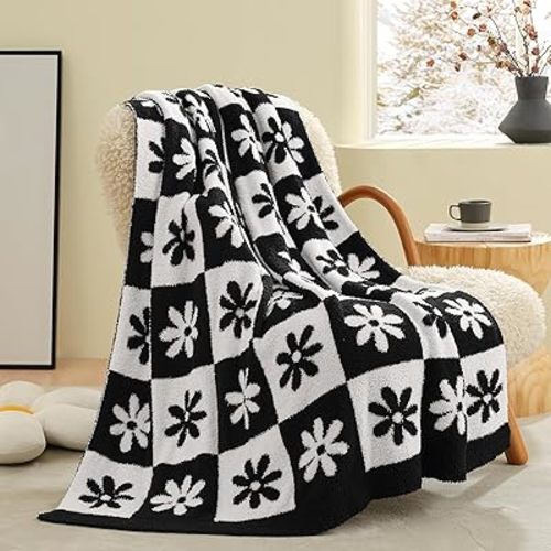 Snuggle Sac Checkered Blanket, Black Flower Throw Blanket for Couch Plaid Microfiber Fluffy Warm Cozy Fuzzy Soft Throw Blanket Reversible Checkerered Blankets for Sofa, Chair, Bed, 50x60 inches