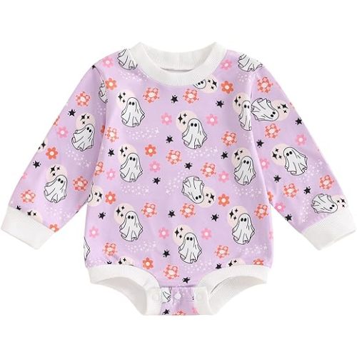 Halloween Newborn Baby Girls Outfits Long Sleeve Round Neck Ghost/Pumpkin Print Romper Infant Fall Winter Clothes