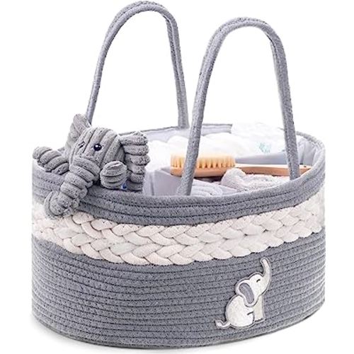 Cradle Star Diaper Caddy Organizer for Changing Table Nursery – Portable Baby Basket Diaper Storage Organizer with Compartments – Elephant Baby Shower Gifts - 100% Cotton Rope, Gray
