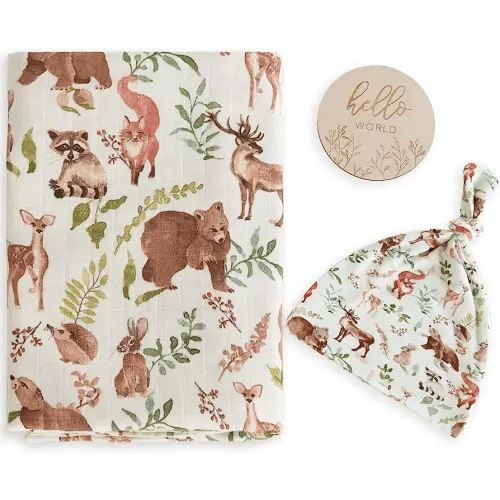 LifeTree Muslin Swaddle Blankets, Muslin Baby Boy Swaddle Blanket and Hat Set with Birth Announcement Card, Newborn Unisex Neutral Receiving Blankets Woodland Forest Animals