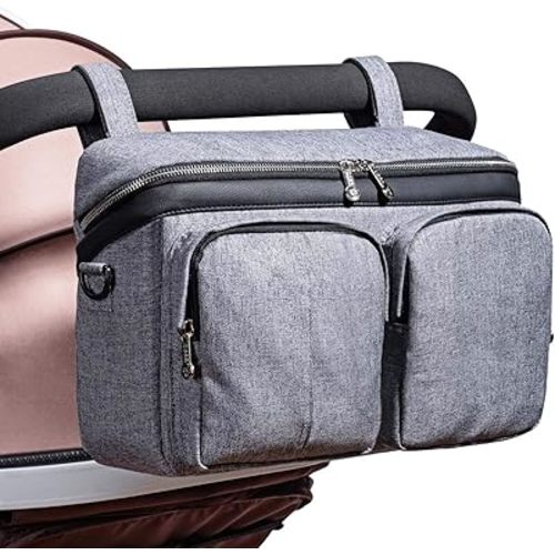 SUNVENO Universal Stroller Organizer with Shoulder Strap, Large Storage Space with Multiple Pockets Stroller Bag Fit Nearly Any Stroller, Grey