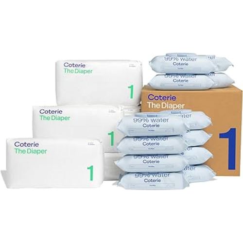 Coterie Baby Wipes + Diapers Kit, Size 1 Diapers (198 Count) & 12 Pack (672 Count) Baby Wipes with 99% Water, Plant Based Materials, Hypoallergenic for Sensitive Skin