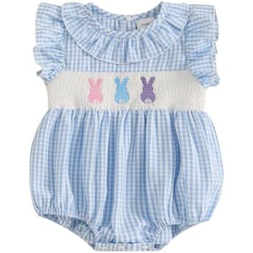 KMBANGI My First Easter Baby Girl Outfit Newborn Baby Ruffle Sleeveless Bunny Plaid Romper Smocked Summer Clothes Princess