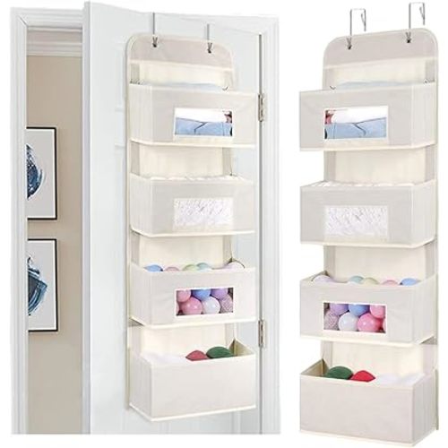 MAX Houser 4-Shelf Over The Door Hanging Organizer with 2 Metal Hooks, 4 Pocket Swing-Proof Behind Door Organizers with Clear Windows for Nursery Bathroom Closet,Dorm,Baby Diapers, Kids Toys (Beige)