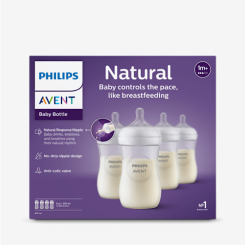 Philips Avent Natural Baby Bottles with Natural Response Nipples (Medium Flow, Flow 3), 9oz, 4-Pack, SCY903/04