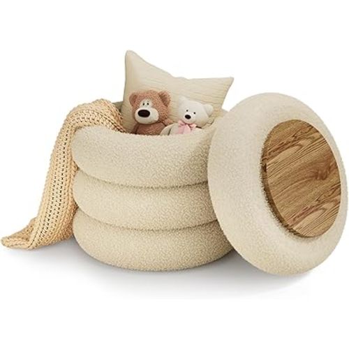 Soft Teddy Round Ottoman with Tray, 17.5 Inches Ottoman Coffee Table with Storage for Living Room, Vanity Stool with Storage Bedroom, Load up to 300 lb, No Assembly Required (Beige)