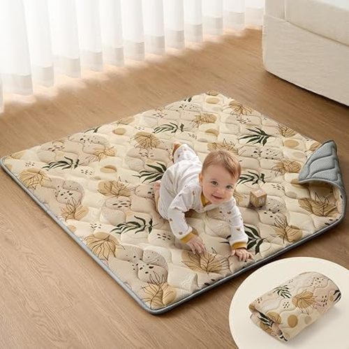 Blissful Diary Portable Baby Play Mats for Floor, Thick Cushioned Foldable Baby Crawling Mat for Indoor Outdoor, Non-Slip & Washable Kids Playmat for Tummy Time Activity, Earth Tones 43" X 43"