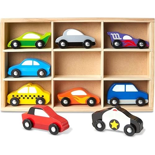 Melissa & Doug Wooden Cars Vehicle Set in Wooden Tray - Toys For Toddlers And Kids Ages 3+