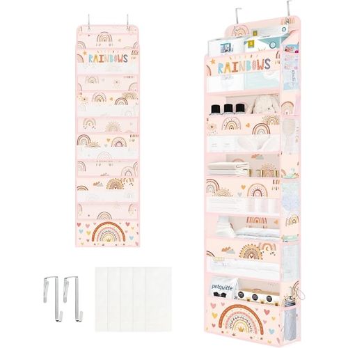 Clastyle Boho Rainbow Baby Clothes Diaper Over The Door Organizer Kid Pink Cloud Toy Stuffed Animal Nursery Hanging Storage Organizer Closet Door Hanging Shelf Storage for Bedroom Bathroom Pantry