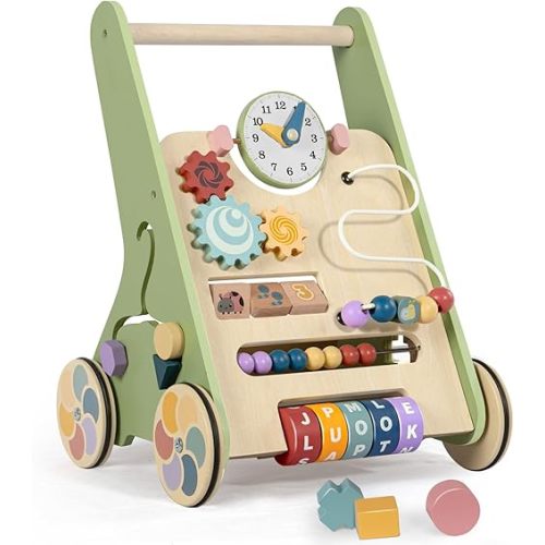Wooden Baby Walker with Wheels, Push Walker for Baby Boy 6-12 Months, Baby Activity Center Sit to Stand Walker Small Size