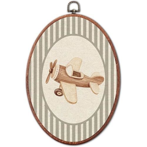 Vintage Wooden Aircraft Nursery Oval Wall Art Framed, Grey Striped Watercolor Vehicles Canvas Prints, Unique Car Decoration Hanging Wall Decor for Kids Toddler Room Bedroom Playroom, 8.6x11.4 Inch