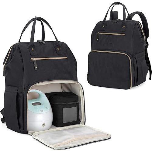 Damero Breast Pump Backpack with Inner Divider, Pumping Bag with Laptop Sleeve and Multiple Pockets, Fits Most Brands Breast Pumps and Cooler Bag, Black, Patent Design