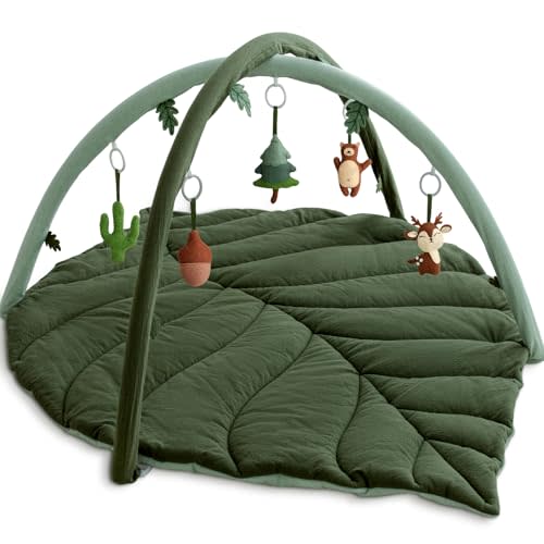 Baby Play Gym with Mat Leaf Shaped, Baby Play Mat with 6 Hanging Toys Tummy Time Mat, Baby Gym Activity Center, Washable (Green)
