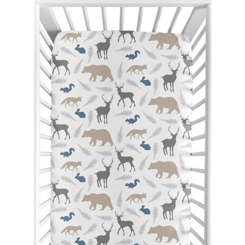 Sweet Jojo Designs Woodland Animals Taupe Grey and Blue Fitted Crib Sheet