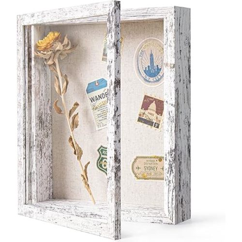 Califortree 8x10 Shadow Box Frame with Linen Back - Real Glass, Push Pins Included, Sturdy Rustic Memory Display Case, Distressed White