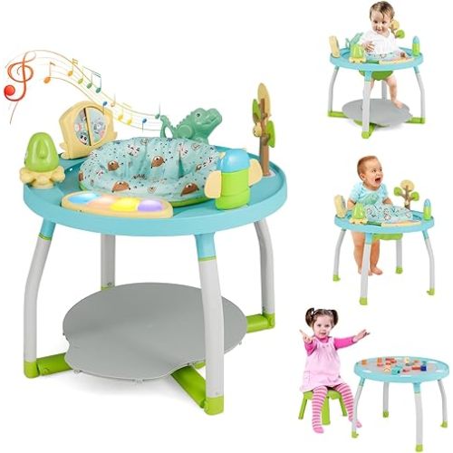 HONEY JOY Baby Activity Center, 5 in 1 Infant Jumper & Standing Play Table w/ 360° Rotary Seat, 6 Toys, 3 Adjustable Heights, Lights, Music & Sounds, Activity Center for Babies 6-36 Months (Blue)