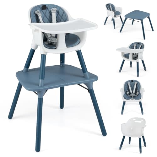 HONEY JOY 5-in-1 High Chair, Convertible Highchair for Babies and Toddlers/Kids Chair Table Set/Infant Feeding Chair w/Safety Harness, PU Leather Cushion & Removable Food Tray (Blue)