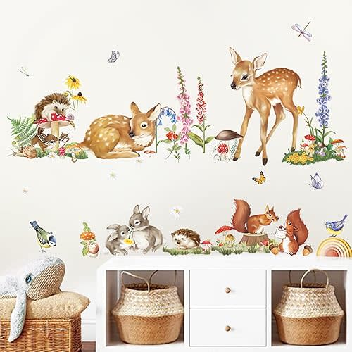 decalmile Woodland Animal Wall Decals Deer Rabbit Squirrel Easter Wall Stickers Kids Bedroom Baby Nursery Wall Decor