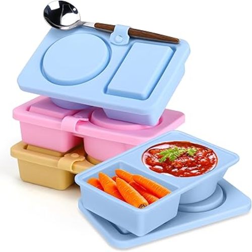 Palksky Silicone Snack Container with Lids, 4Pack 2/Tow/Double Compartment Snackle Box Containers, Reusable Condiment Containers, Small Mini Food Snack Boxs