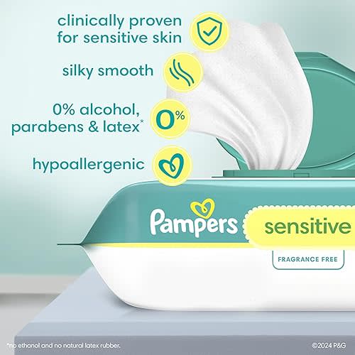 Pampers Sensitive Water Based Baby Wipes, Hypoallergenic and Unscented, 504 Wipes (6 Flip-Top Packs)