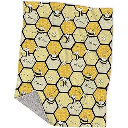 Personalized Bumble Bee Baby Blankets for Boys Girls Kids, Custom Cute Hive Soft Minky Blankets with Name - Soft Plush Toddler Baby Newborn Blanket, Birthday Gift for Infant Baby