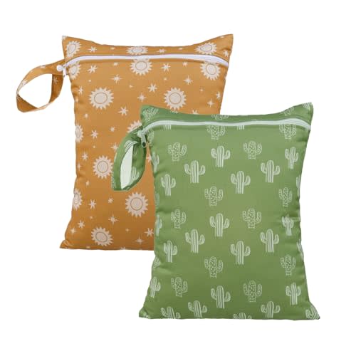 HappyFlute 2pcs Waterproof Bag Set - Cactus & Animal Pattern Wet/Dry Bag for Towels, Diapers, Swim, Beach, Gym - 10.2x14.4 inches