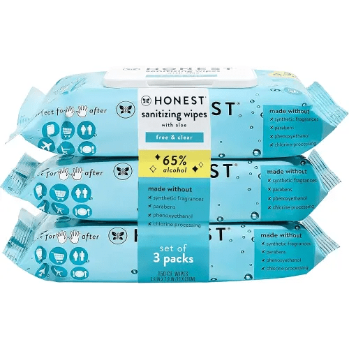 The Honest Company Sanitizing Alcohol Wipes | Kills 99% of Germs, Made With Aloe | Unscented, 150 Count (3 Packs of 50)