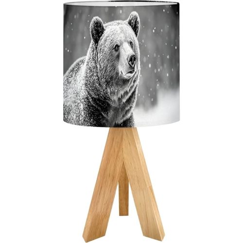 Cute Kids Bedside Desk Table Lamp Bear Animal Print Black White Portrait Cute Nursery Grizzly Snowflakes Children Nightstand Lamp, Tripod Small Night Lights Linen for Nursery Room Bedroom Dorm Decor