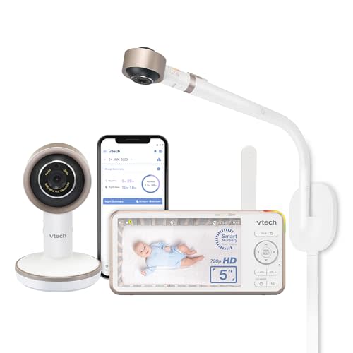 VTech V-Care VC2105 1080p FHD Over-The Crib Mount Smart Baby Monitor 5” 720p LCD Screen,Table Stand,Remote Access,Versatile Placement,Intelligence Detection, Sleep Analysis,24 hrs Recording,with WiFi