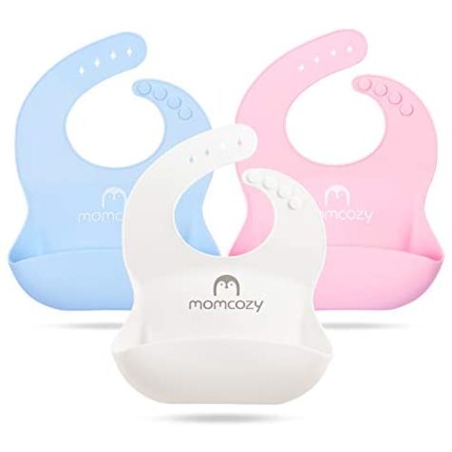 Momcozy Baby Silicone Bibs Easily Clean Set of 3, Soft Adjustable Toddler Silicone Bibs for Babies Girl and Boy, Waterproof, Pink Blue and White