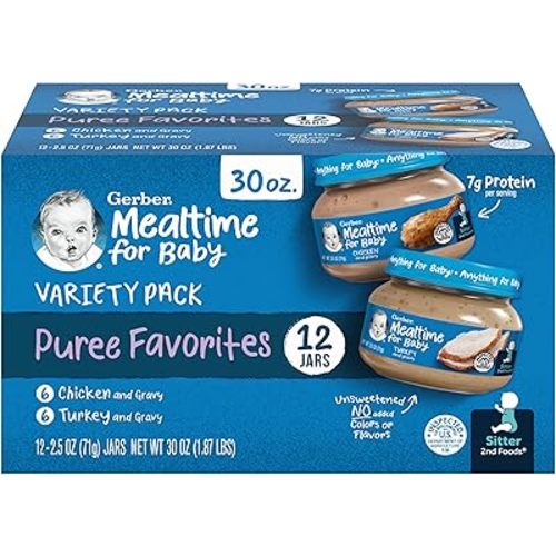 Gerber Baby Foods 2nd Foods Meat Variety Pack, Chicken & Turkey, Mealtime for Baby, 2.5 Ounce Jar (Pack of 12)