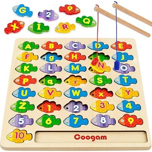 Coogam Magnetic Alphabet Numbers Fishing Game, Wooden ABC Letter Numbers Color Matching Puzzle Fine Motor Montessori Educational Toy for Preschool 3 4 5 Year Old Toddlers