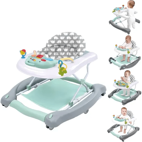 5 in 1 Foldable Baby Walker, Activity Baby Walker-Baby Bouncer, Rocker, Activity Center,Seat and Push Walker,Detachable Trampoline Mat, Adjustable Speed Rear Wheels and Height,Ages 6-18 Months(Mint)